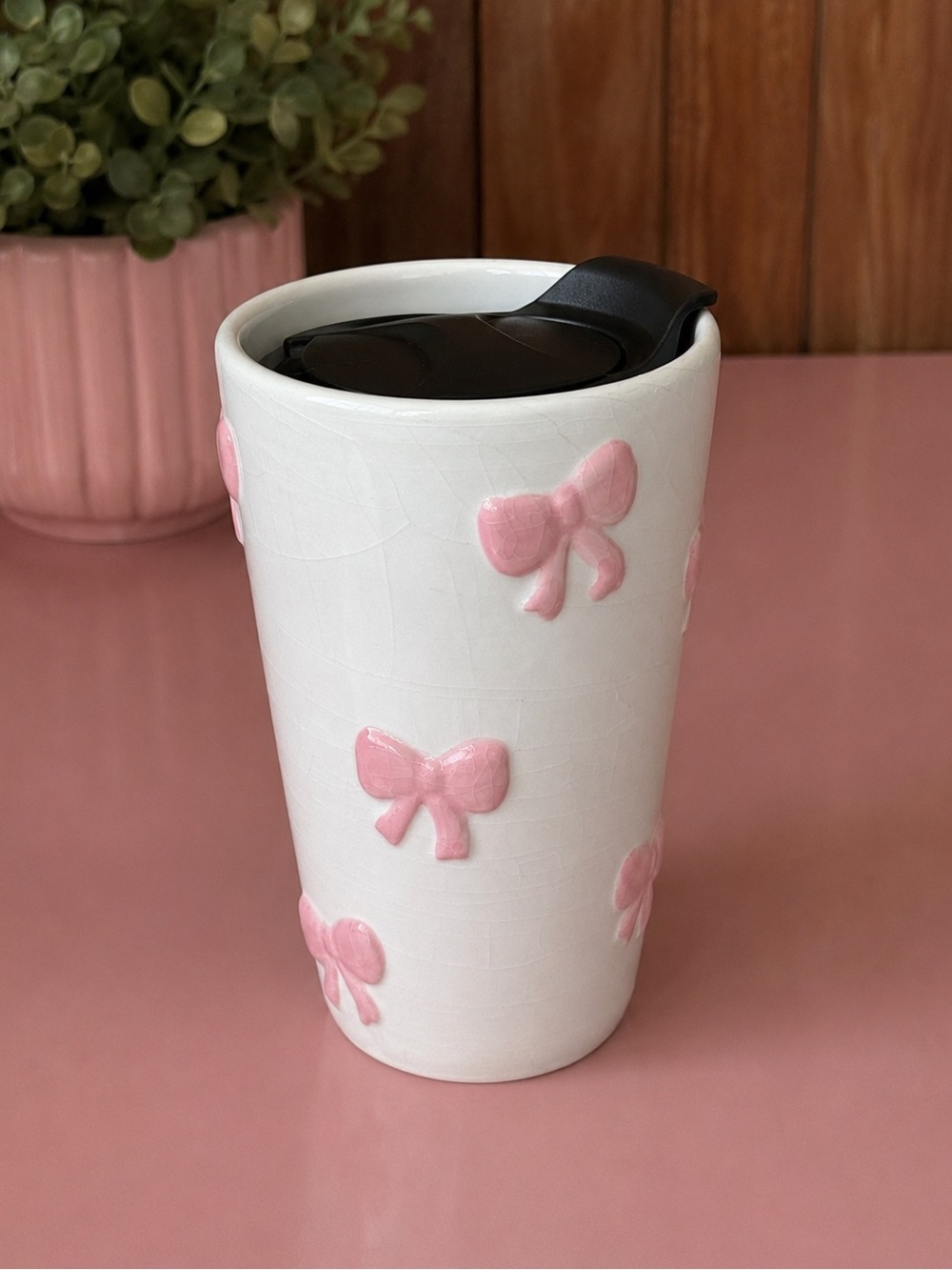 Sunday Morning Hand Painted 18 Oz Travel Mug Pink Bow Ceramic Tumbler w/ Lid